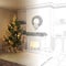 The sketch becomes a real Christmas interior with a decorated Christmas tree and gifts next to the burning fireplace and cozy chai