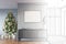 The sketch becomes a real hallway with a horizontal mock-up poster above the curbstone with decor and dried flowers in a vase. Chr