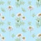 Sketch blossom floral botany collection flower drawings, seamless pattern. Hand Drawn white daisy flowers on baby blue background