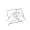 Sketch of both hands laying on open book, Hand drawn isolated vector line art
