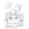 Sketch of a bunny character drinking tea with a hedgehog, tea party, coloring, isolated object on a white background