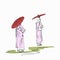 Sketch of Burmese buddhist nuns with red sun umbrella