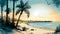 Sketch of a calm beach showing blue water, the sand, and palm trees at sunrise.