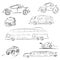 Sketch cars and bus in set. Automobile doodle illustration. Raster sign car and bus icons.