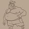 Sketch of cartoon smiling fat man in shorts and with a naked torso