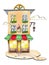 Sketch cartoon style markers and pencils evening cafe with colorful canopy ice cream bright cute print with european house with