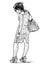 Sketch of casual young woman on high heels standing on street on summer day