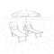 Sketch of chaise lounges and umbrella on the beach. Vector illustration.