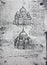 Sketch of the church, cathedral. Manuscripts of Leonardo da Vinci. Code B Folio 17 recto in the vintage book Leonardo da Vinci by