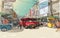 Sketch cityscape of Chiangmai, Thailand, show red car local tran