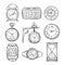 Sketch clock. Doodle watch, alarm and timer, sand clock hourglass. Hand drawn time vector vintage isolated icons