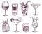 Sketch cocktails. Hand drawn cocktail and alcohol drink, different drinks in glass for party restaurant menu. Vector