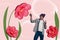 Sketch collage picture of funky excited guy choosing growing flowers isolated pink color background