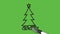Sketch colourful christmas tree with gift and yellow star with black outline on abstract green background
