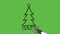 Sketch colourful christmas tree with gift and yellow star in grey colour with black outline on abstract green background