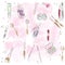 Sketch of cosmetics products, fashion makeup banner. Brushes, powder palettes, lipstick, eye pencil, nail polish realistic vector