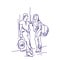 Sketch Couple Stand Talking Holding Backpacks Travelers Doodle Man And Woman Tourists Over White Background