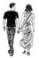 Sketch of couple young citizens walking on a stroll