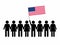 Sketch of a crowd and a leader with the flag of USA. Protests concept. Vector illustration