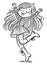 Sketch, a cute cartoon girl dances joyfull. Isolated outline vector illustration. Coloring book page for children