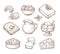 Sketch dairy products. Milk fresh, cheddar cheese and farm curd buttercream vintage hand drawn culinary vector set