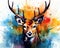 sketch of a Deer head created in color with energetic brushstrokes and splatters.