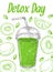 Sketch detox poster. Smoothie glass, take away green juice. Fresh fruits vitamin cocktail, fitness drink vector banner