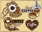 Sketch drawing icons of coffee break, iced coffee, drink to go, coffee beans in heart shape, cappuccino, latte, espresso