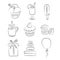 Sketch of drinks, pastries, sweets, gift for the holidays. Elements isolated on white. Vector illustration