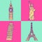 Sketch Eifel tower, Pisa tower, Big Ben and Statue of Liberty, v
