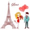 Sketch Eiffel Tower in love with a guy and girl with hearts and gifts