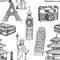 Sketch Eiffel tower, Pisa tower, Big Ben, suitecase, photocamera, Chinese temple and Statue of Liberty, vector seamless pattern
