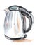 Sketch of Electric kettle with a gray metal case and a black plastic handle. Hand-drawn real watercolor illustration. Isolated on