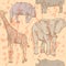 Sketch elephant, rhino, giraffe and hippo, vector seamless pattern