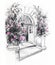 Sketch of the entrance to the victorian building with rosebushes on the sides, hand drawn