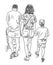 Sketch of family young people walking on summer day together