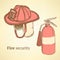 Sketch fire helmet and extinguisher in vintage style