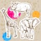 Sketch giraffe, elephant, rhino, vector background