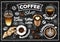 Sketch hand drawn Coffee Shop poster with colorful drinks isolated on chalkboard.