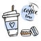 Sketch hand drawn image of cup with coffee, macaroons and lettering sign It`s coffee time. Coffee to go. Lifestyle motivation