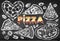 Sketch hand drawn set of chalk drawing pizza set isolated on blackboard. Doodle italian food.