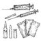Sketch hand drawn syringe, ampoule, and sachet medicine.