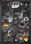 Sketch hand drawn template of coffee menu isolated on chalkboard. Line art barista, coffee maker, iced coffee, tea