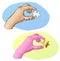 Sketch hand is holding puzzle piece. Golden jigsaw in bright vivid pink hand