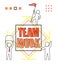 Sketch of happy little people with big word Teamwork. Doodle cute miniature scene of workers