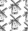 Sketch Holand windmill, vector seamless pattern