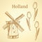 Sketch Holland windmill and tulip, vector background