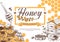 Sketch honey background. Hand drawn sweet dessert natural organic honeycomb, beeswax and bee, beekeeping banner, poster