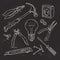 And sketch icons set of carpentry tools, lamp, pliers and a hammer