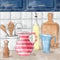 sketch illustration of cartoony kitchenware on the kitchen table against the background of gray tiles and blue kitchen set.